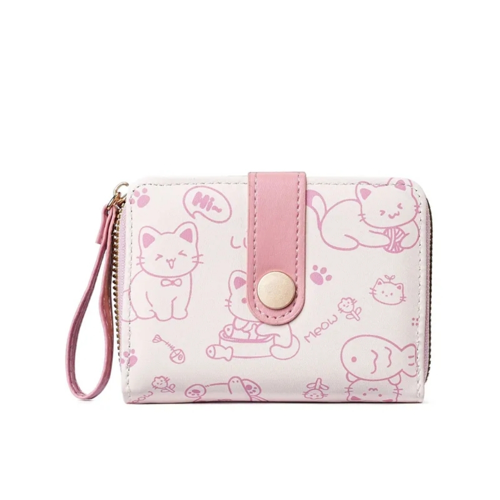 Pink & White Whimsical Cat Print Mini Wallet - Picture 3 of 15
